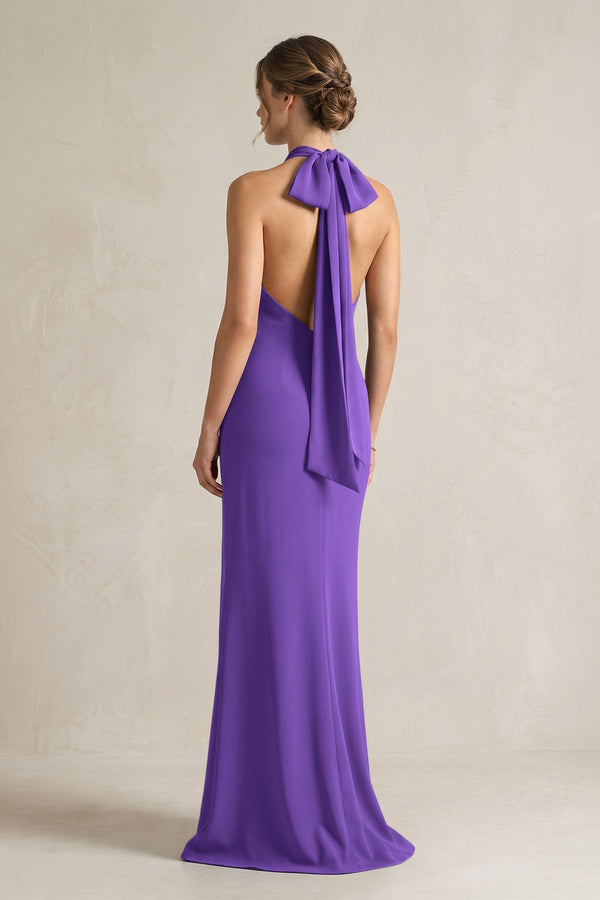 Halter Sheath Satin Bridesmaid Dress With Bow in Tahiti - KissProm Bridesmaid Dresses