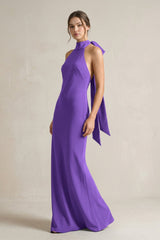 Halter Sheath Satin Bridesmaid Dress With Bow in Tahiti - KissProm Bridesmaid Dresses