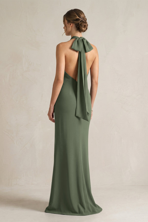 Halter Sheath Satin Bridesmaid Dress With Bow in Thyme - KissProm Bridesmaid Dresses