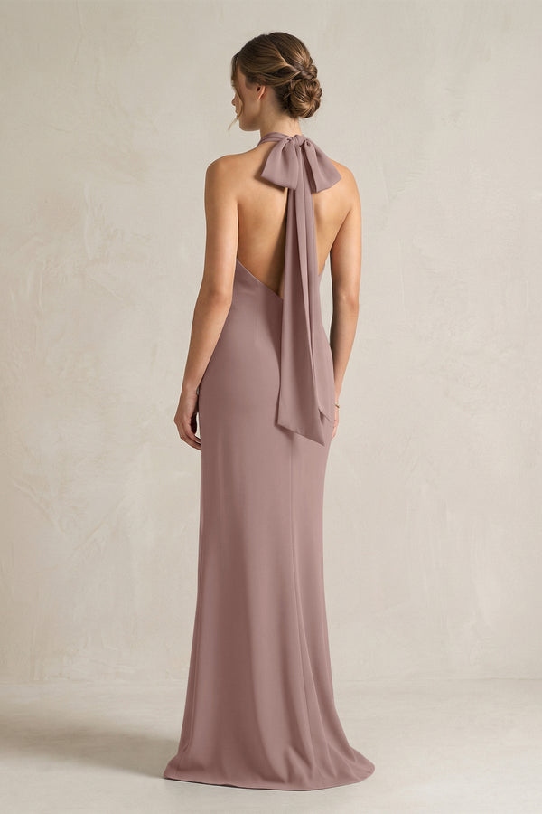 Halter Sheath Satin Bridesmaid Dress With Bow in Toffee - KissProm Bridesmaid Dresses