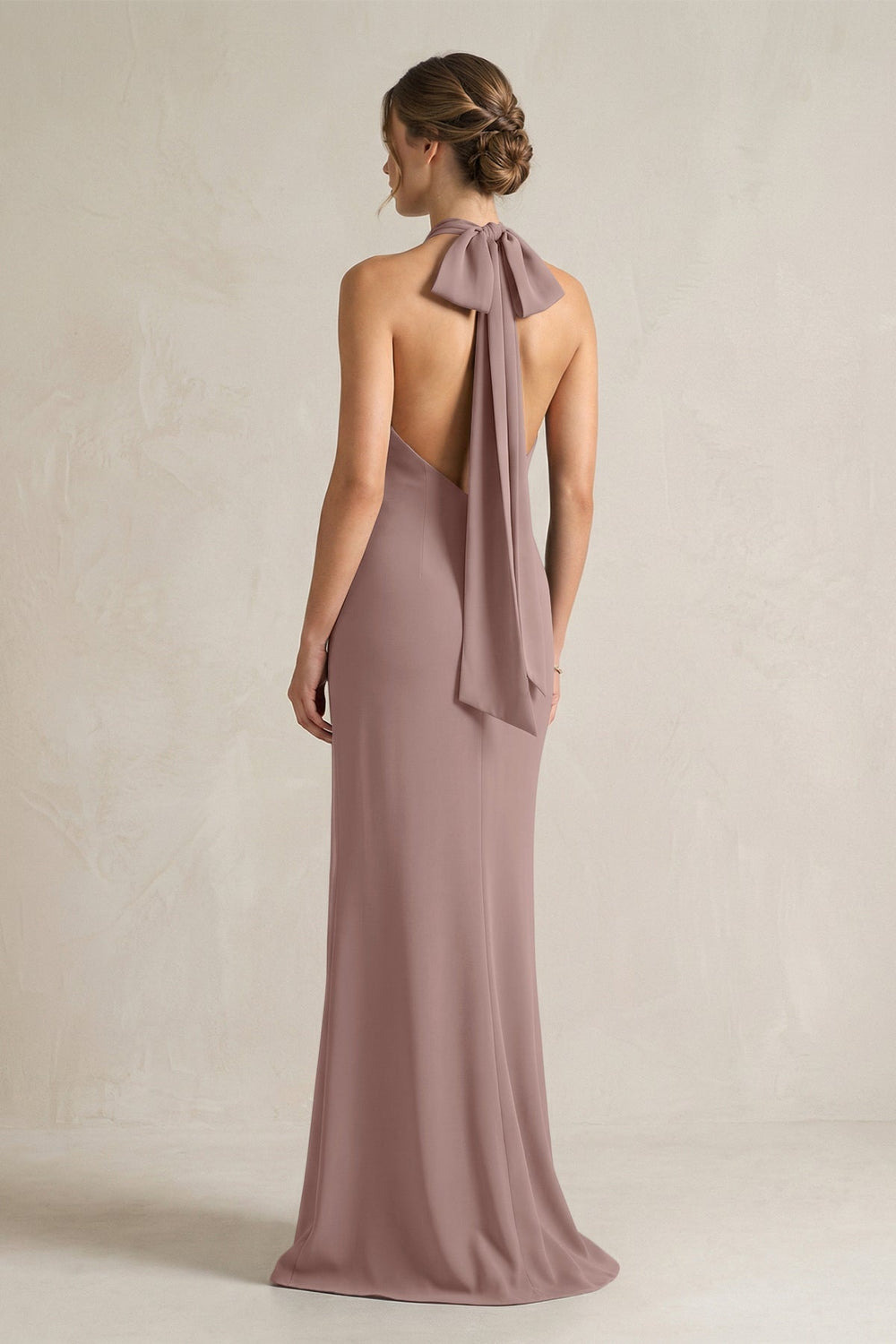 Halter Sheath Satin Bridesmaid Dress With Bow in Toffee - KissProm Bridesmaid Dresses