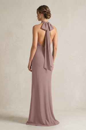 Halter Sheath Satin Bridesmaid Dress With Bow in Toffee - KissProm Bridesmaid Dresses