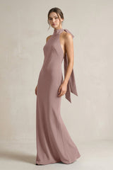 Halter Sheath Satin Bridesmaid Dress With Bow in Toffee - KissProm Bridesmaid Dresses