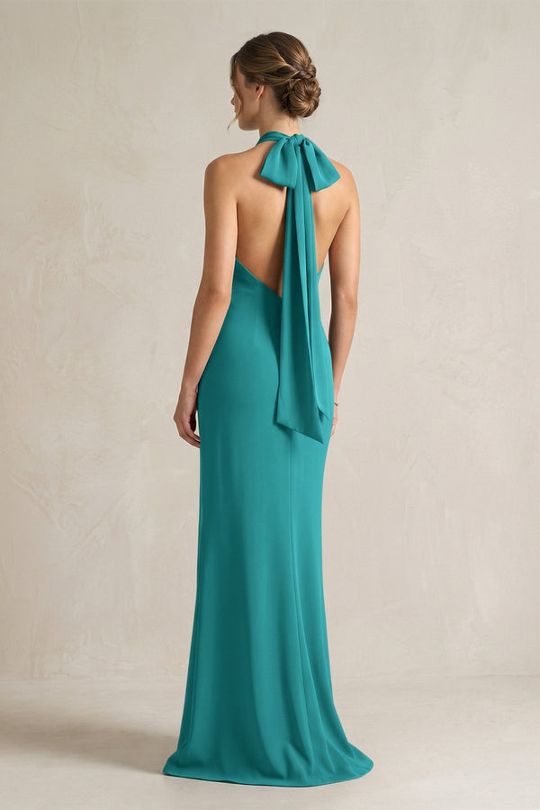 Halter Sheath Satin Bridesmaid Dress With Bow in Turquoise - KissProm Bridesmaid Dresses
