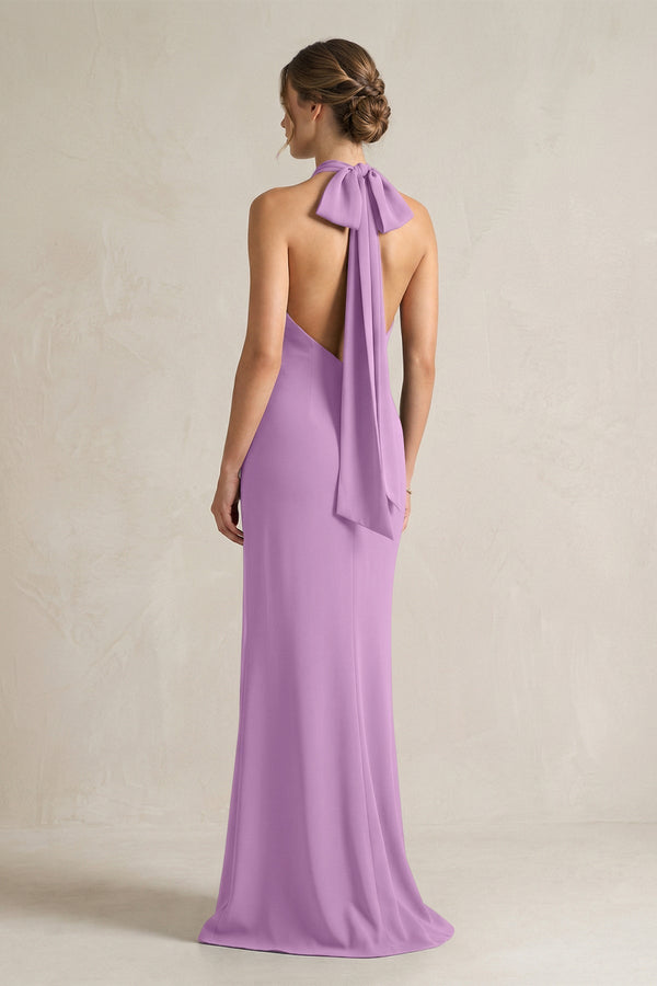 Halter Sheath Satin Bridesmaid Dress With Bow in Vintage Mauve - KissProm Bridesmaid Dresses
