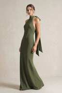 Halter Sheath Satin Bridesmaid Dress With Bow in Willow Green - KissProm Bridesmaid Dresses