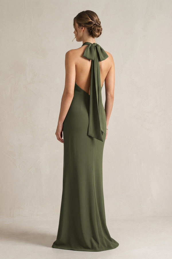 Halter Sheath Satin Bridesmaid Dress With Bow in Willow Green - KissProm Bridesmaid Dresses