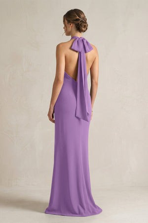 Halter Sheath Satin Bridesmaid Dress With Bow in Wisteria - KissProm Bridesmaid Dresses
