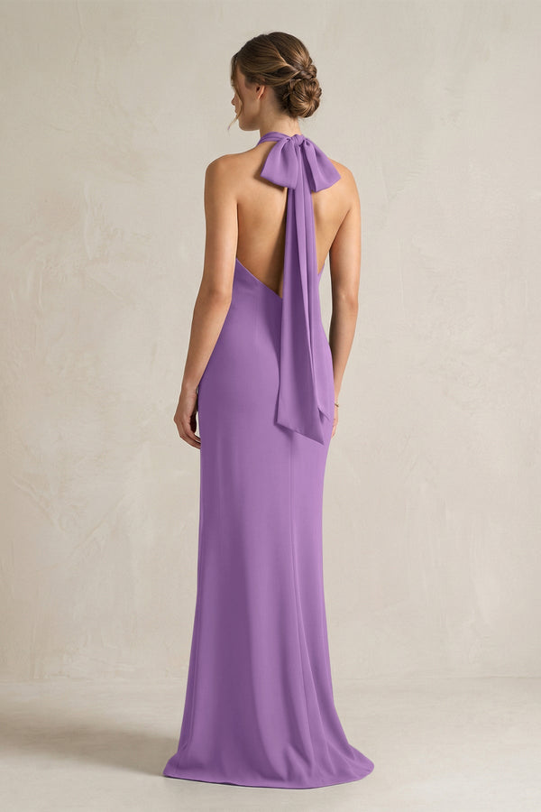 Halter Sheath Satin Bridesmaid Dress With Bow in Wisteria - KissProm Bridesmaid Dresses
