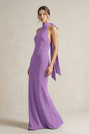 Halter Sheath Satin Bridesmaid Dress With Bow in Wisteria - KissProm Bridesmaid Dresses