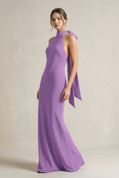 Halter Sheath Satin Bridesmaid Dress With Bow in Wisteria - KissProm Bridesmaid Dresses