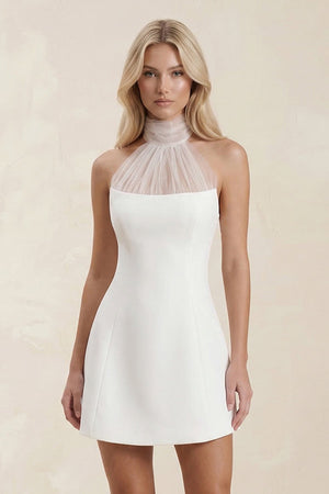 Halter Sheath Satin Mini Wedding Dress in White - KissProm Wedding Dresses