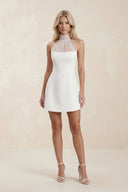 Halter Sheath Satin Mini Wedding Dress in White - KissProm Wedding Dresses