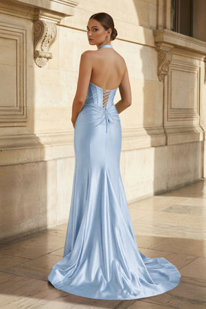 Navy Halter Corset Mermaid Ruched Long Formal Dress with Slit - KISSPROM PROM DRESSES