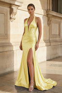 Navy Halter Corset Mermaid Ruched Long Formal Dress with Slit - KISSPROM PROM DRESSES