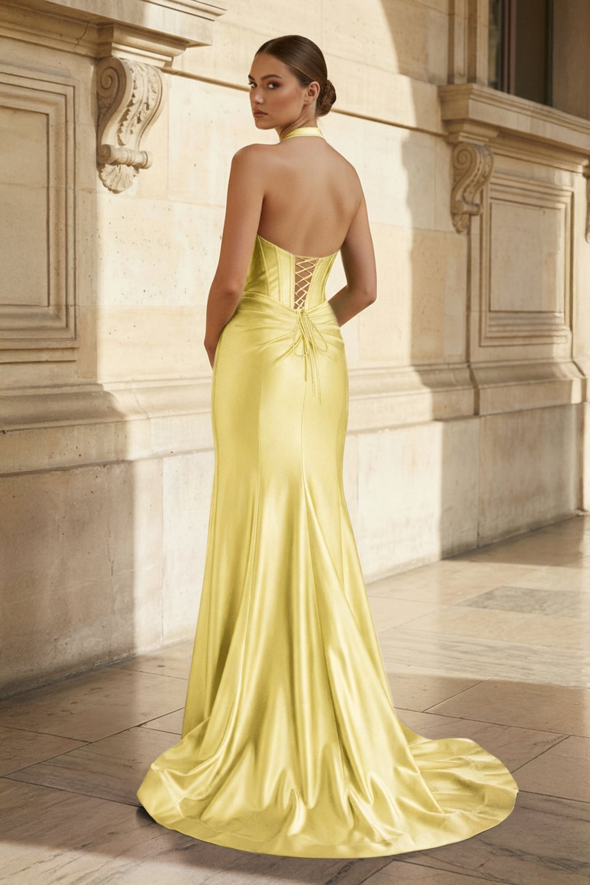KissProm Navy Halter Corset Mermaid Ruched Long Formal Dress with Slit, Yellow / 6