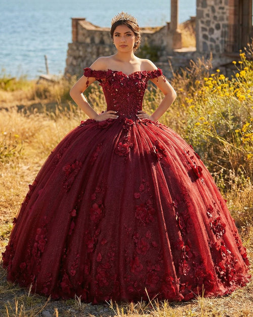 Ball Gown Organza Off The Shoulder Burgundy Quinceanera Dress - KissProm
