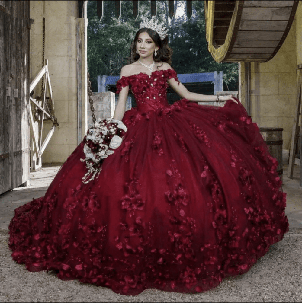 Burgundy Gold Quinceanera Dresses Glitter Tulle Ball Gown Off Shoulder Sweet 16       fg2378 main image 0