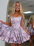 Haniya | Purple - Strapless A Line Floral Print Homecoming Dresses With Ruffles