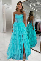 KissProm-Hanya Aqua A Line Strapless Chiffon Beaded Corset Long Prom Dress With Slit