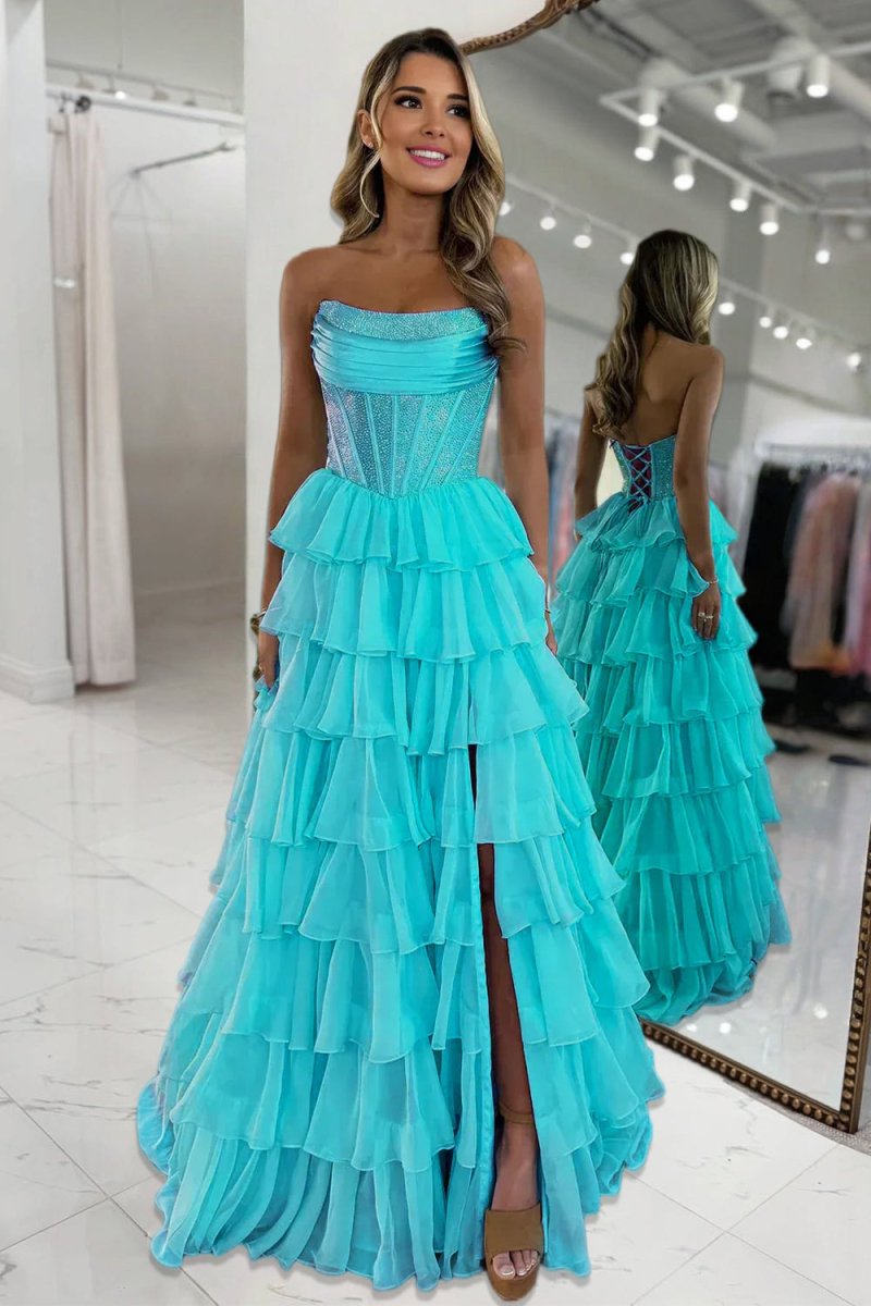 KissProm-Hanya Aqua A Line Strapless Chiffon Beaded Corset Long Prom Dress With Slit