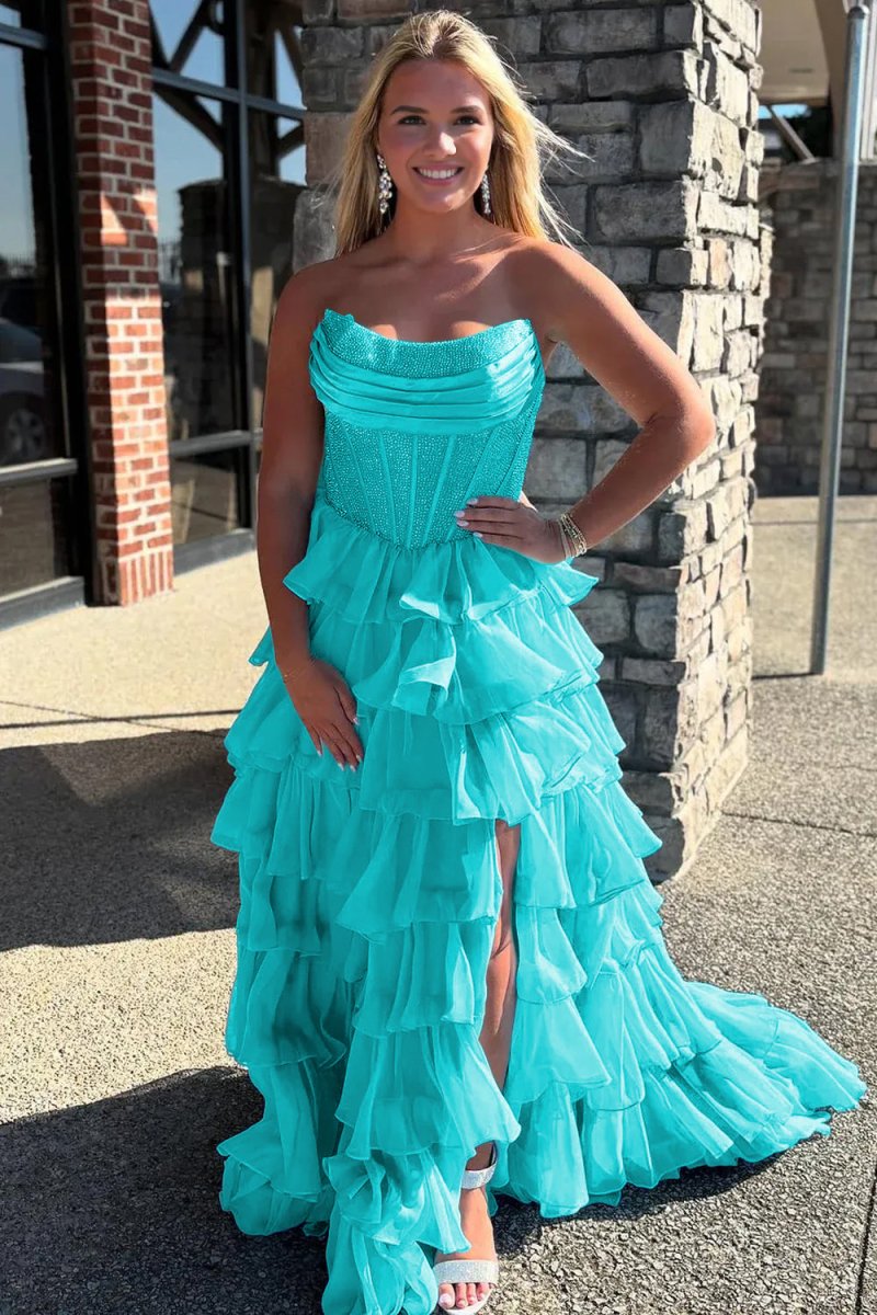KissProm-Hanya Aqua A Line Strapless Chiffon Beaded Corset Long Prom Dress With Slit