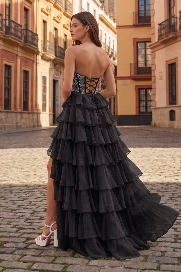Black A Line Strapless Chiffon Beaded Corset Long Prom Dress With Slit - KissProm