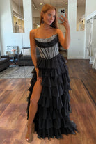 KissProm-Hanya Black A Line Strapless Chiffon Beaded Corset Long Prom Dress With Slit