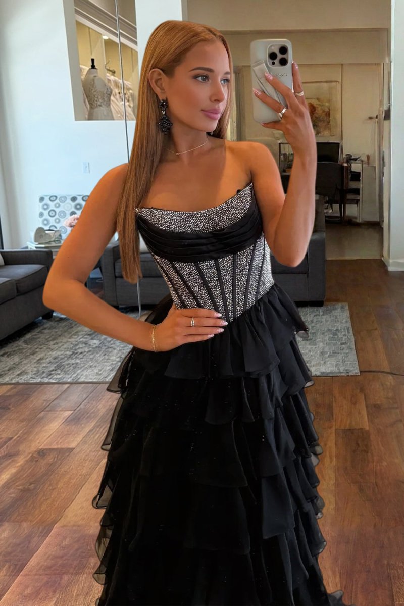 KissProm-Hanya Black A Line Strapless Chiffon Beaded Corset Long Prom Dress With Slit