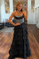 KissProm-Hanya Black A Line Strapless Chiffon Beaded Corset Long Prom Dress With Slit