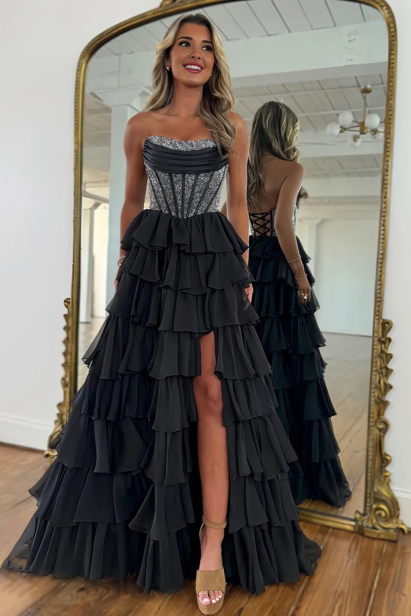 KissProm-Hanya Black A Line Strapless Chiffon Beaded Corset Long Prom Dress With Slit
