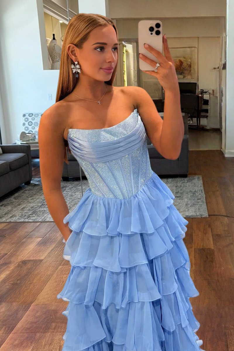 Hanya | Blue - A Line Strapless Chiffon Beaded Corset Long Prom Dress With Slit - KissProm