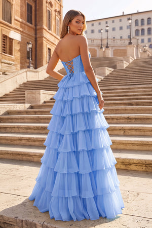 Blue A Line Strapless Chiffon Beaded Corset Long Prom Dress With Slit - KissProm