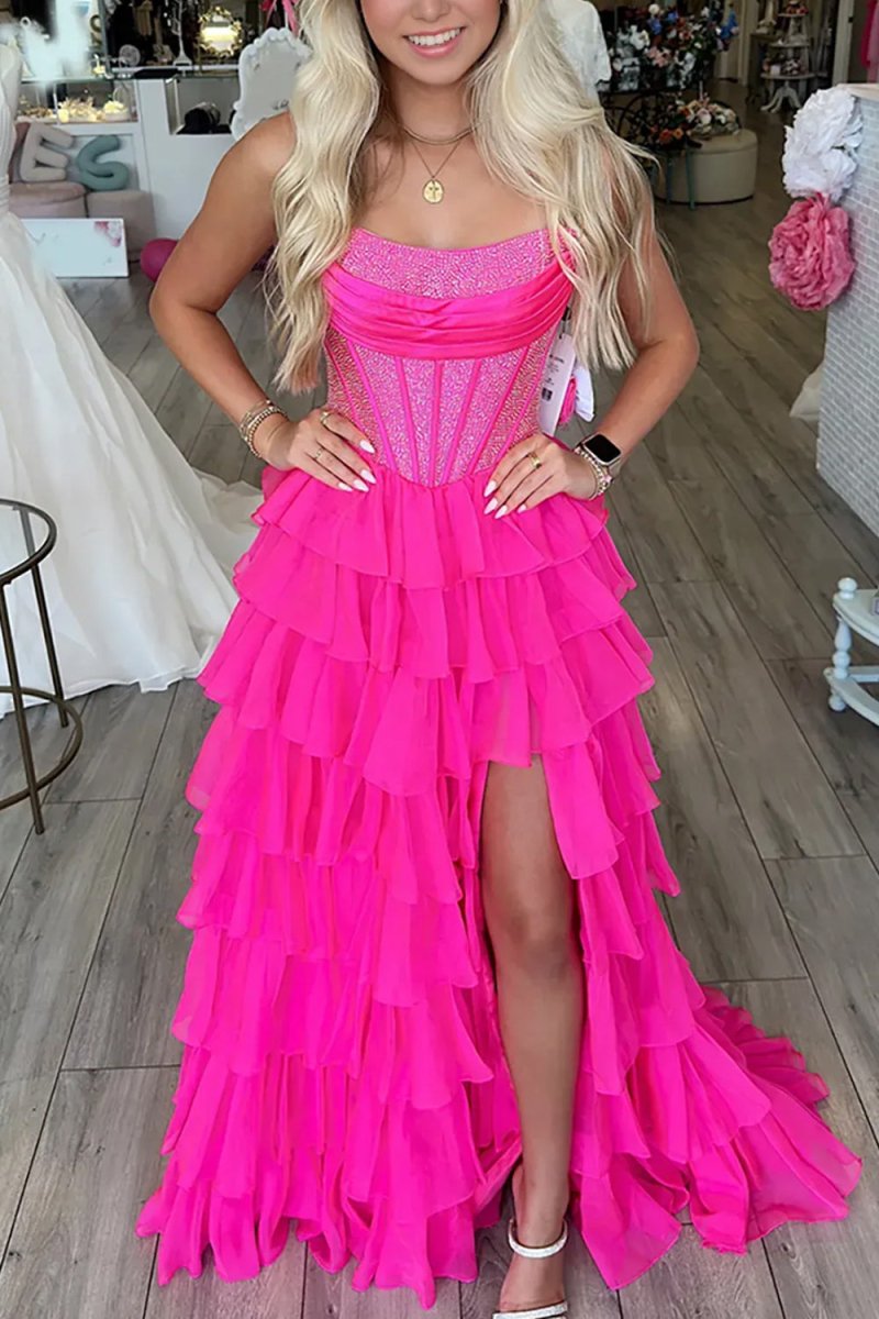 KissProm-Hanya Fuchsia A Line Strapless Chiffon Beaded Corset Long Prom Dress With Slit