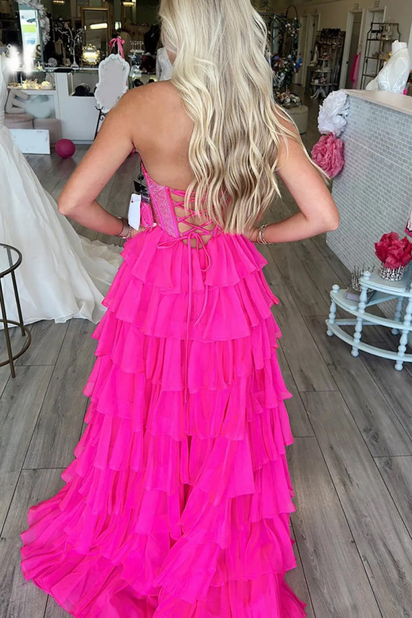KissProm-Hanya Fuchsia A Line Strapless Chiffon Beaded Corset Long Prom Dress With Slit