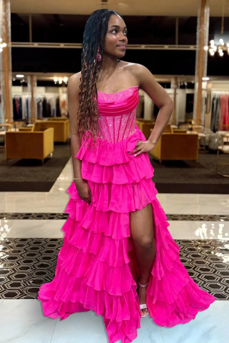 KissProm-Hanya Fuchsia A Line Strapless Chiffon Beaded Corset Long Prom Dress With Slit