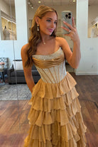 Hanya | Gold - A Line Strapless Chiffon Beaded Corset Long Prom Dress With Slit - KissProm