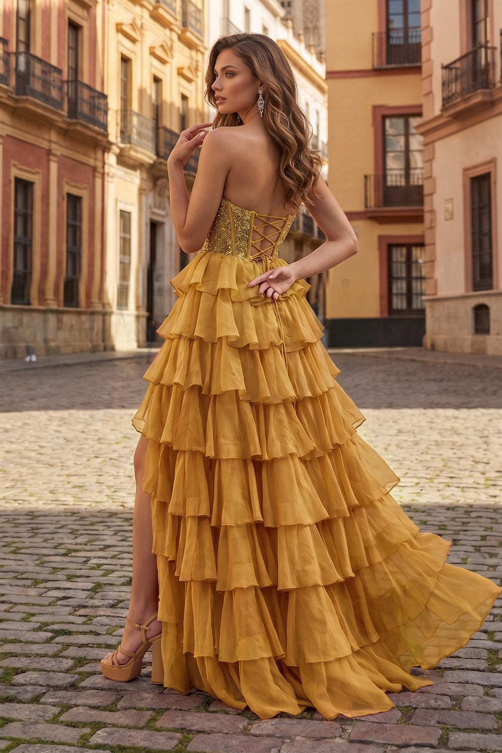 Gold A Line Strapless Chiffon Beaded Corset Long Prom Dress With Slit - KissProm