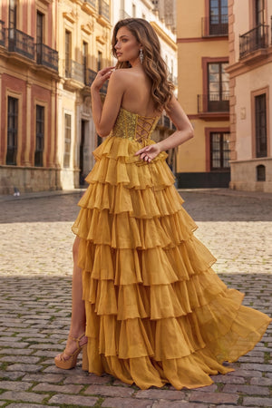 Gold A Line Strapless Chiffon Beaded Corset Long Prom Dress With Slit - KissProm