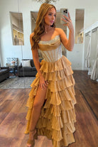 Hanya | Gold - A Line Strapless Chiffon Beaded Corset Long Prom Dress With Slit - KissProm