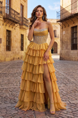 Gold A Line Strapless Chiffon Beaded Corset Long Prom Dress With Slit - KissProm