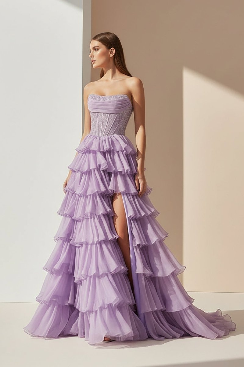 KissProm-Hanya Lavender A Line Strapless Chiffon Beaded Corset Long Prom Dress With Slit