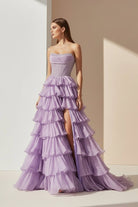 KissProm-Hanya Lavender A Line Strapless Chiffon Beaded Corset Long Prom Dress With Slit