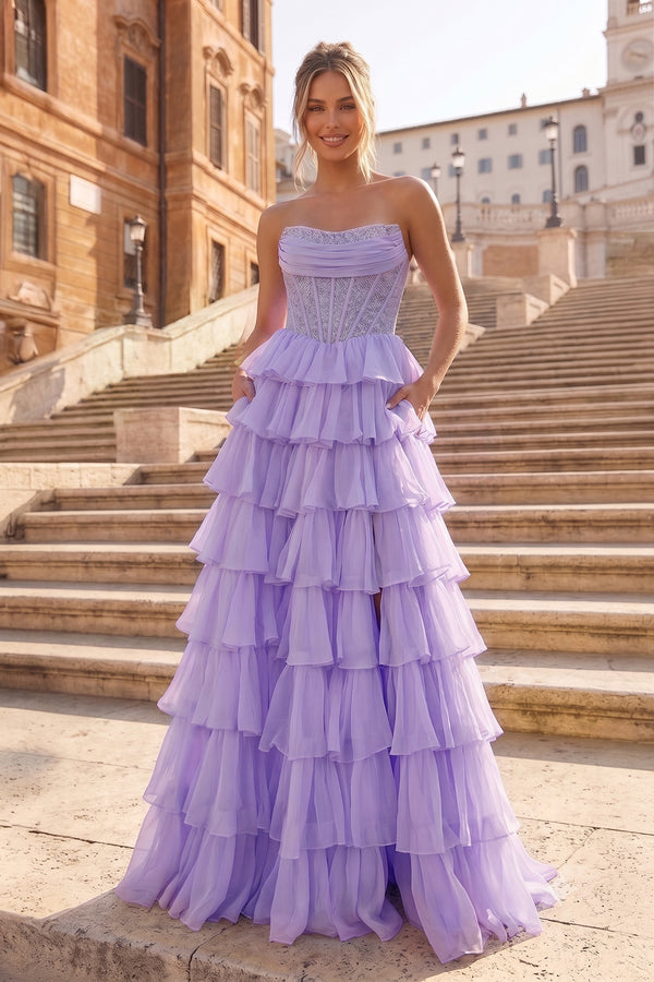 Lavender A Line Strapless Chiffon Beaded Corset Long Prom Dress With Slit - KissProm