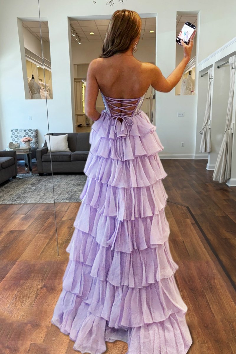 KissProm-Hanya Lavender A Line Strapless Chiffon Beaded Corset Long Prom Dress With Slit