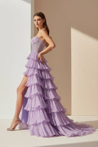 KissProm-Hanya Lavender A Line Strapless Chiffon Beaded Corset Long Prom Dress With Slit