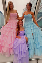 KissProm-Hanya Lavender A Line Strapless Chiffon Beaded Corset Long Prom Dress With Slit