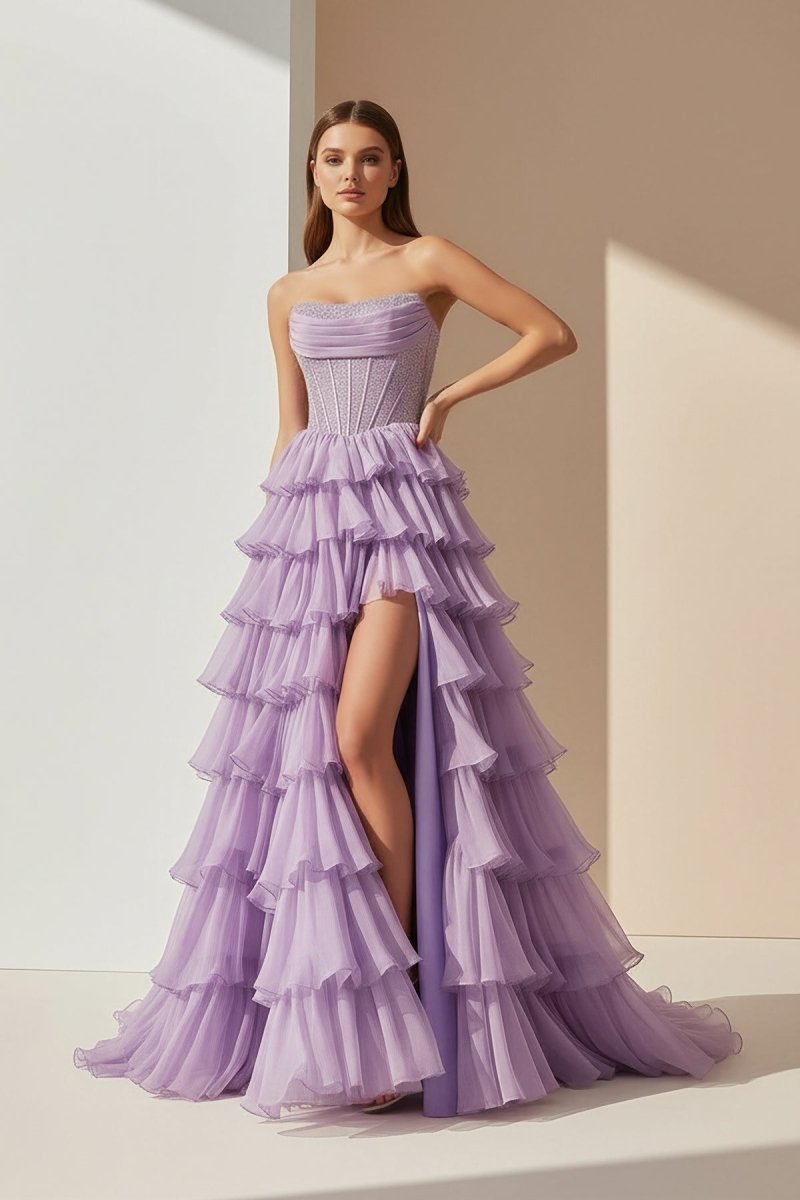 KissProm-Hanya Lavender A Line Strapless Chiffon Beaded Corset Long Prom Dress With Slit
