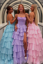 KissProm-Hanya Lavender A Line Strapless Chiffon Beaded Corset Long Prom Dress With Slit