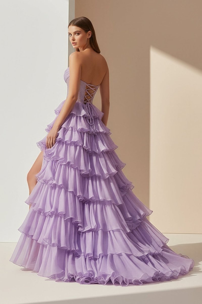 KissProm-Hanya Lavender A Line Strapless Chiffon Beaded Corset Long Prom Dress With Slit